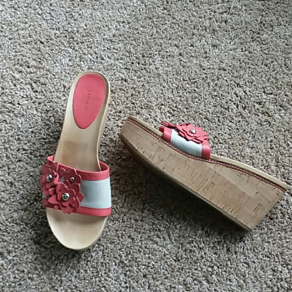 “SALE” Coach Jesaca Coral Leather Cork Sandals